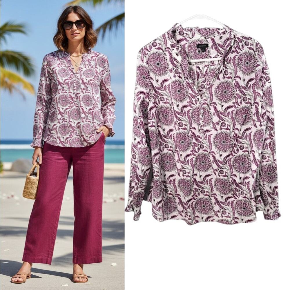 Talbots Chrysanthemum Trellis Top Women's L Pink Ruffle Trim Long Sleeve Popover